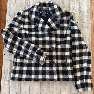 VTG Ralph Lauren SPORTS Black and Cream Checkered Pea Coat WOOL M